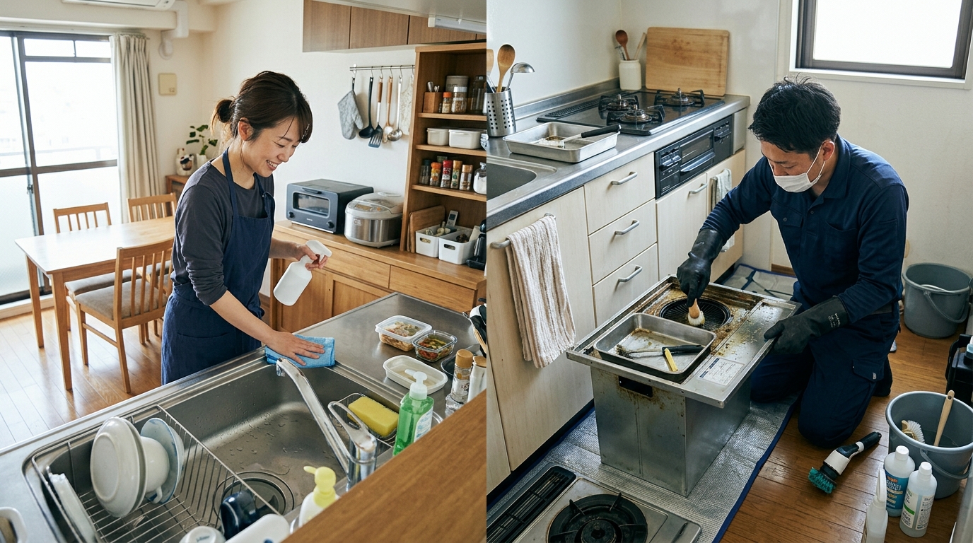 掃除代行スタッフが家庭用洗剤でキッチンを拭く日常清掃と、ハウスクリーニング業者が専門機材で換気扇を洗浄する様子を比較する画像