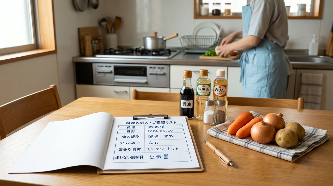 料理代行サービス依頼時の味の好み、食材、アレルギー、味付けの希望などを具体的にリスト化して整理したヒアリングシートのイメージ画像