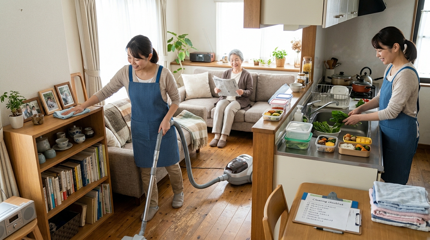 高齢者宅で家事代行スタッフが料理と掃除をしている様子