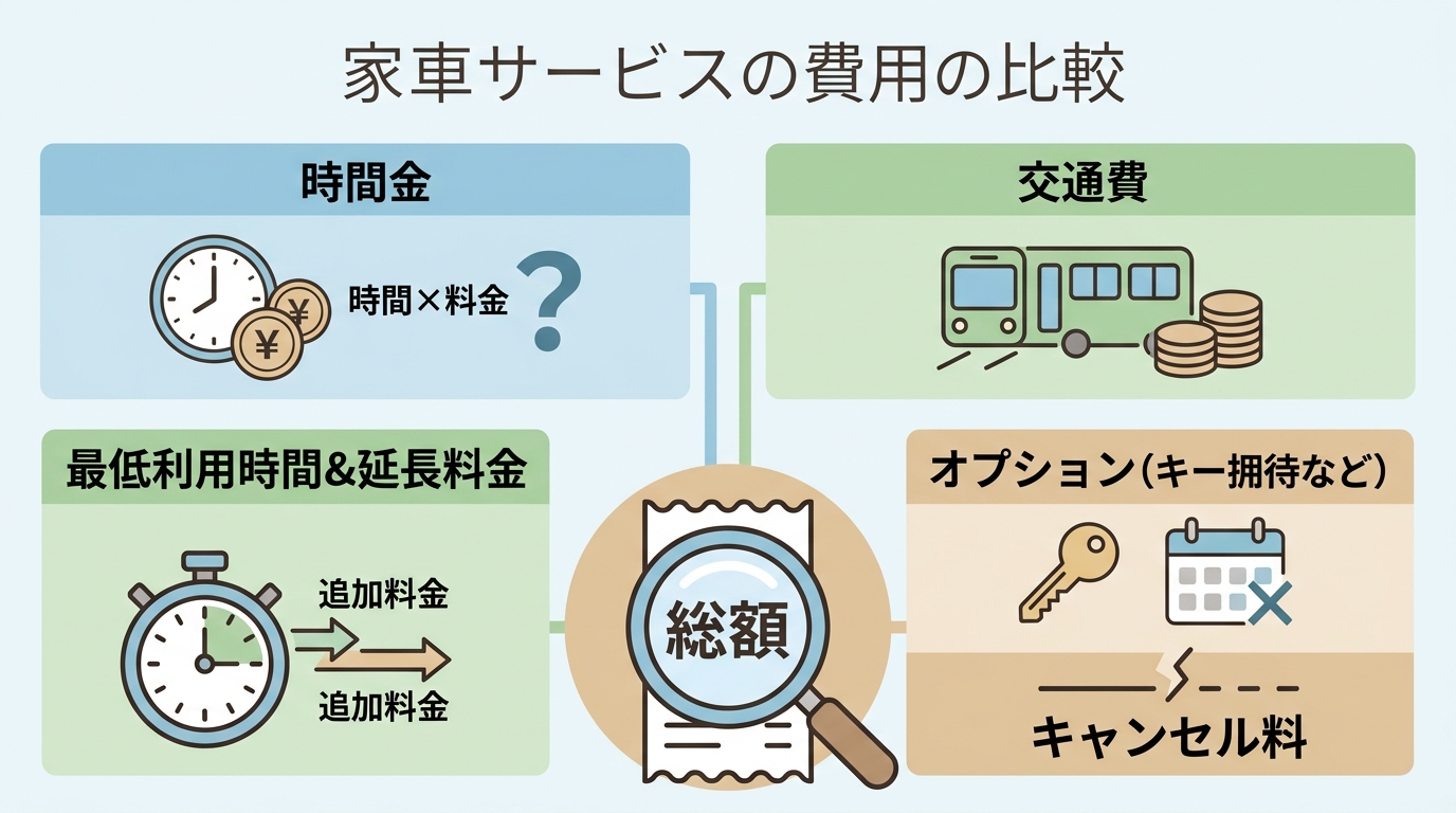 時間単価、交通費、延長料金などの内訳をリスト化した比較イメージ図