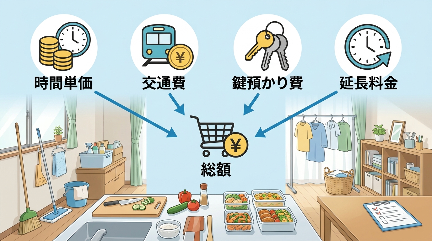 料金の内訳(時間単価、交通費、鍵預かり費、延長料金)を可視化したイラスト