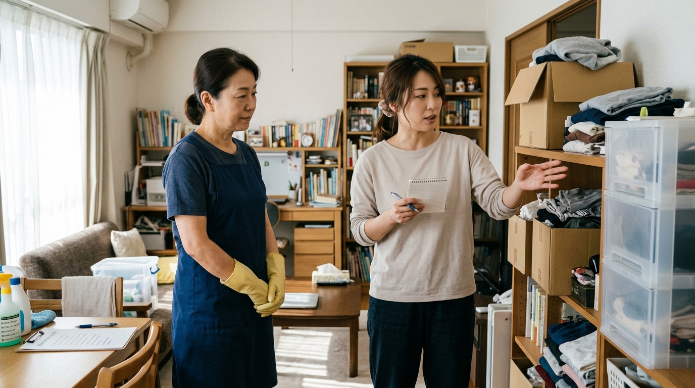 散らかったリビングで、依頼主とスタッフが掃除の優先順位を打ち合わせている様子
