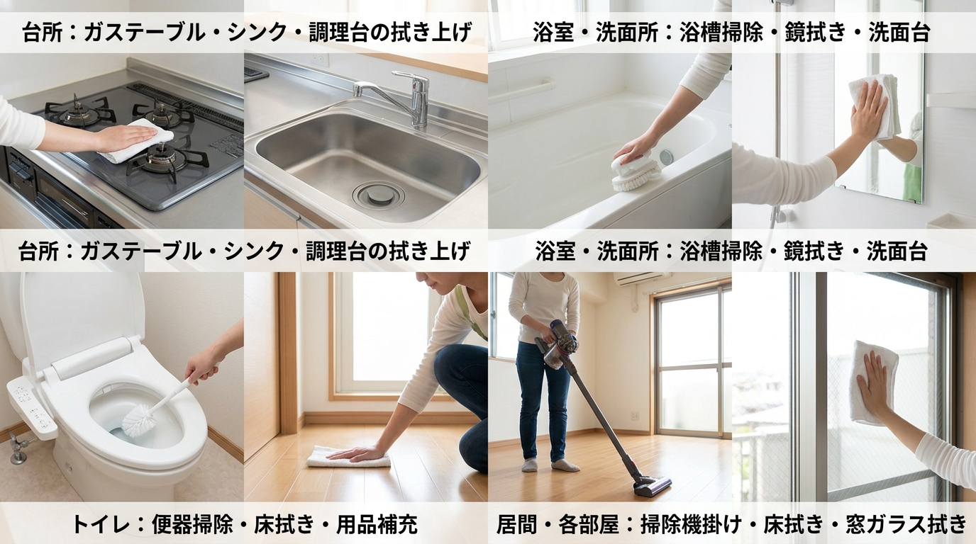 キッチンのコンロ、シンク、浴室の浴槽、リビングの掃除機がけなどの対応箇所をまとめたイメージ図