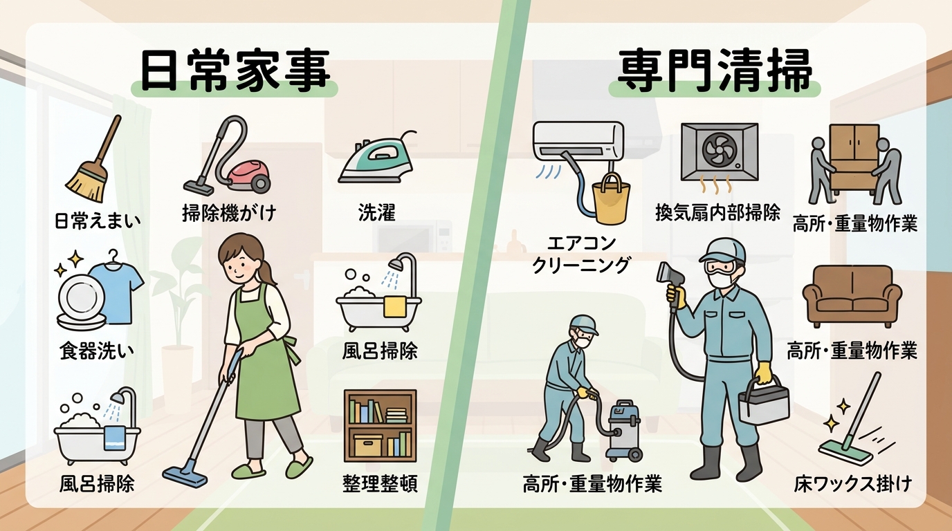 家事代行の日常掃除と専門清掃の範囲の違いを比較するイラスト