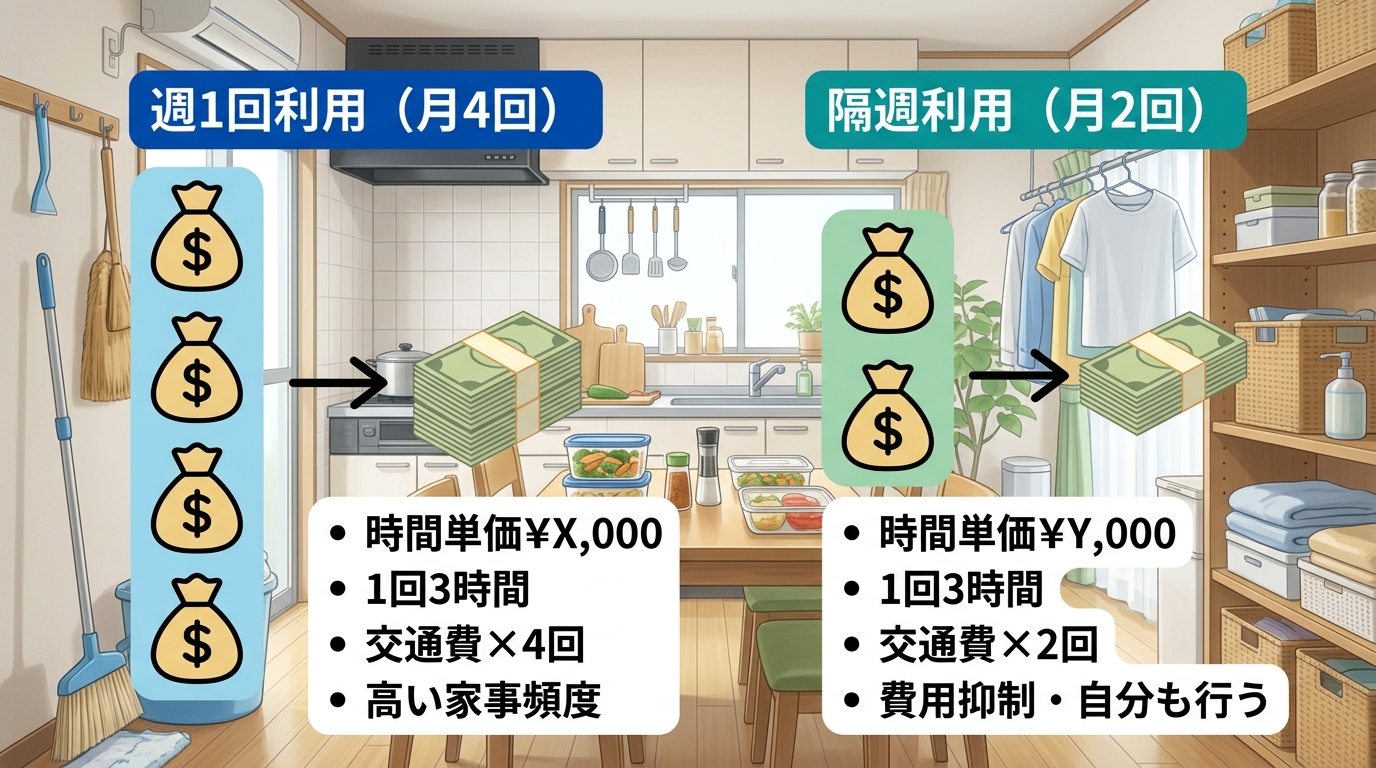 家事代行の週1回と隔週利用での月額費用イメージを比較する図解