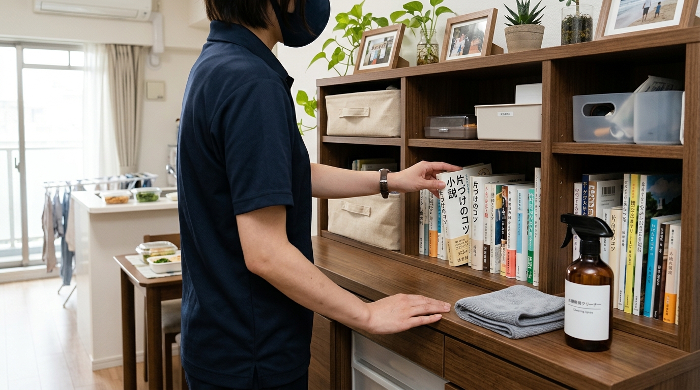 モノが整理された棚と、掃除道具を持つスタッフのイラスト。日常の片付けの様子。