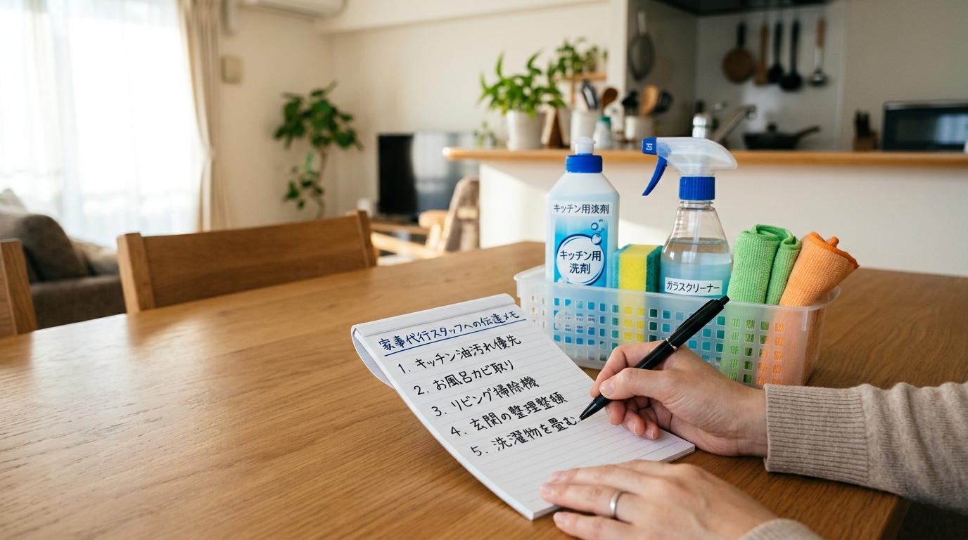 スタッフへ渡すメモや掃除用具が整頓されているイメージ画像