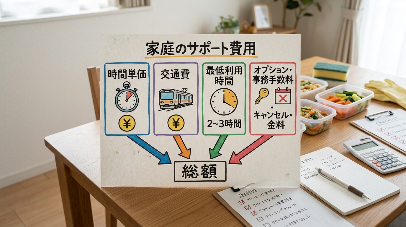 時間単価、交通費、最低利用時間、鍵預かり費用の内訳を説明するイメージ図