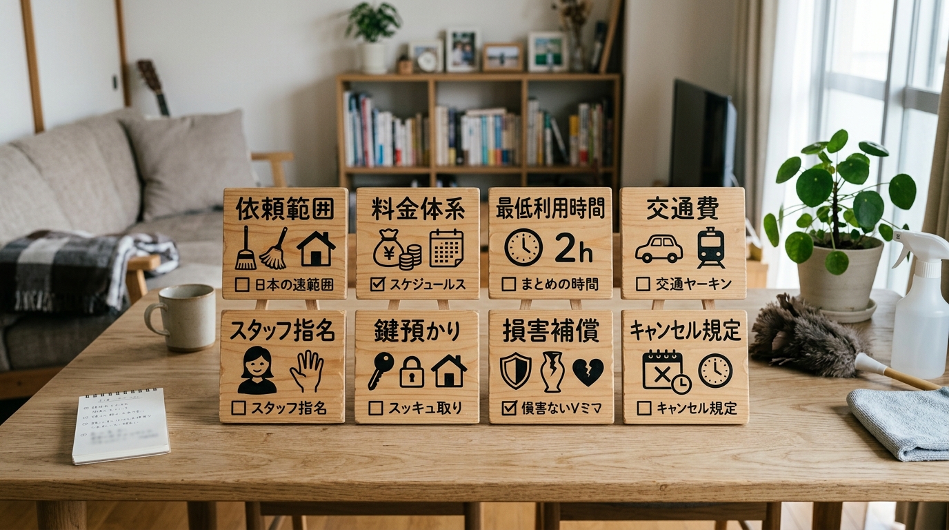 家事代行の比較軸（料金、範囲、時間、交通費、スタッフ、鍵、補償、キャンセル）を整理したチェックリスト画像