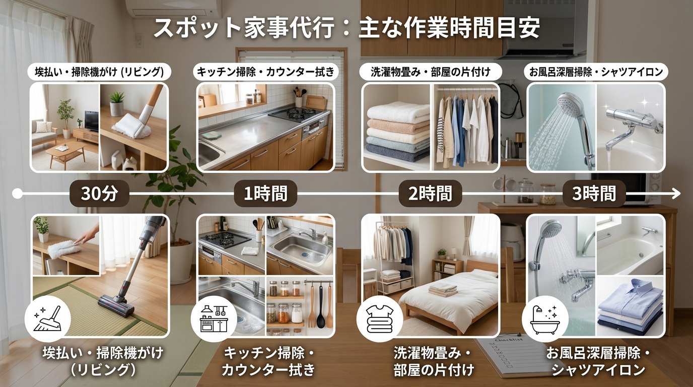 1回のスポット依頼で頼める掃除や片付けの内容例と時間配分の図解