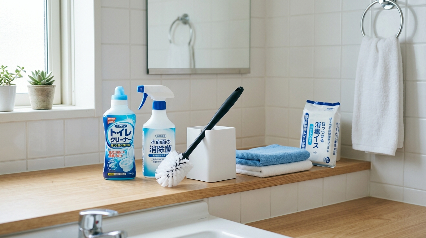 トイレ掃除で使用するブラシ、洗剤、雑巾、除菌シートが清潔に整頓されている様子