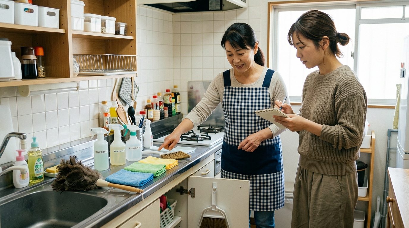家事代行スタッフが依頼主と掃除用具の場所を確認しながら、当日の作業手順を打ち合わせている様子