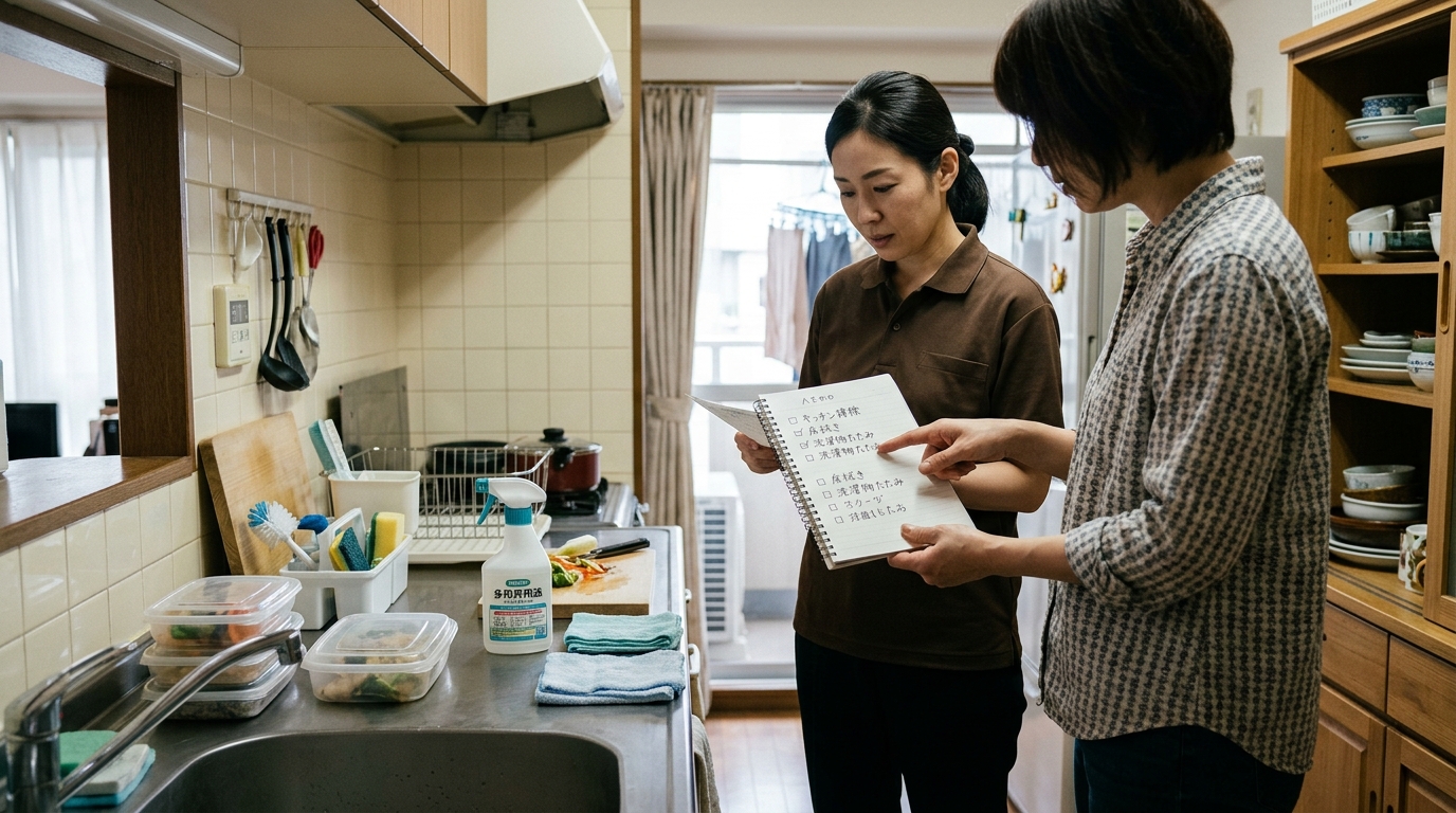 スタッフと依頼主がメモを見ながら作業内容を確認し、貴重品の場所や注意点を共有している様子