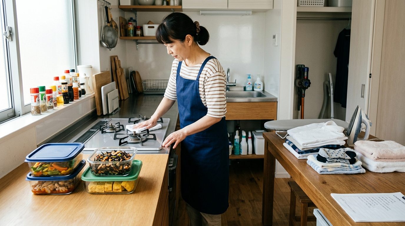 キッチン掃除、洗濯物の整理、作り置き料理が並んでいるイメージ