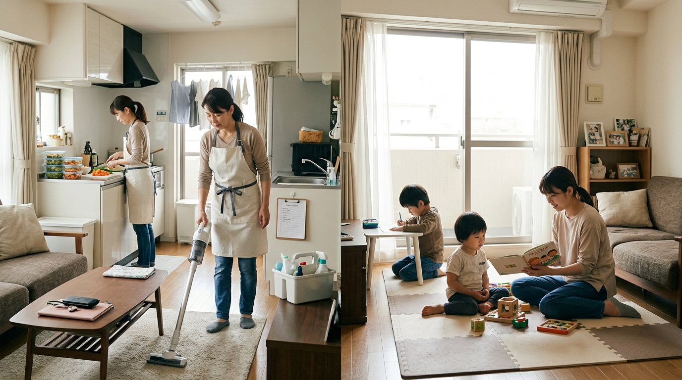 家事代行とベビーシッターの役割の違いを示した比較表のイラスト