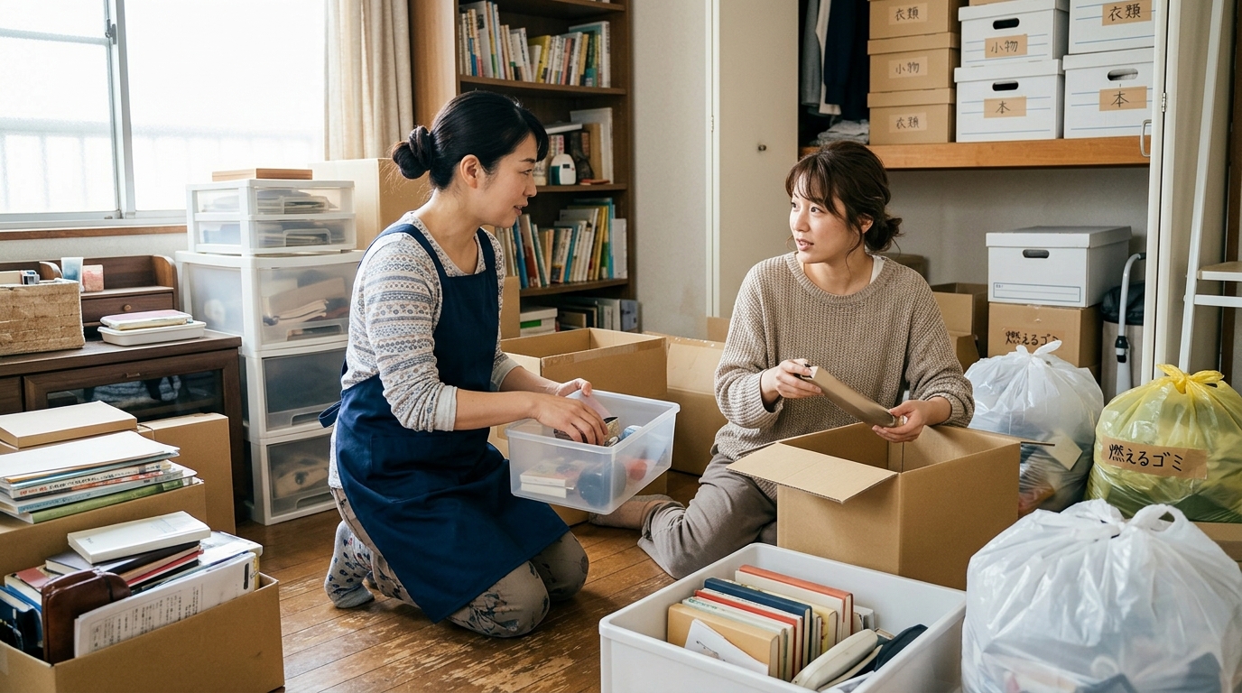 片付け中の部屋でスタッフと収納ケースを配置している様子