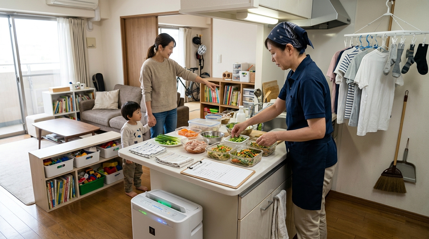 子育て中のリビングで家事代行スタッフが調理や片付けを行っている様子