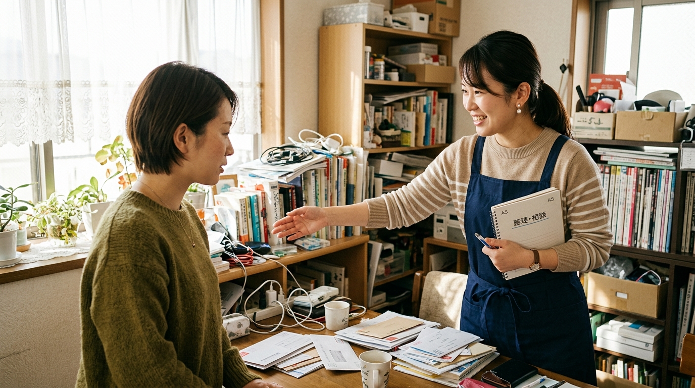 スタッフが相談しながら部屋の不用品と必要なものを整理している様子