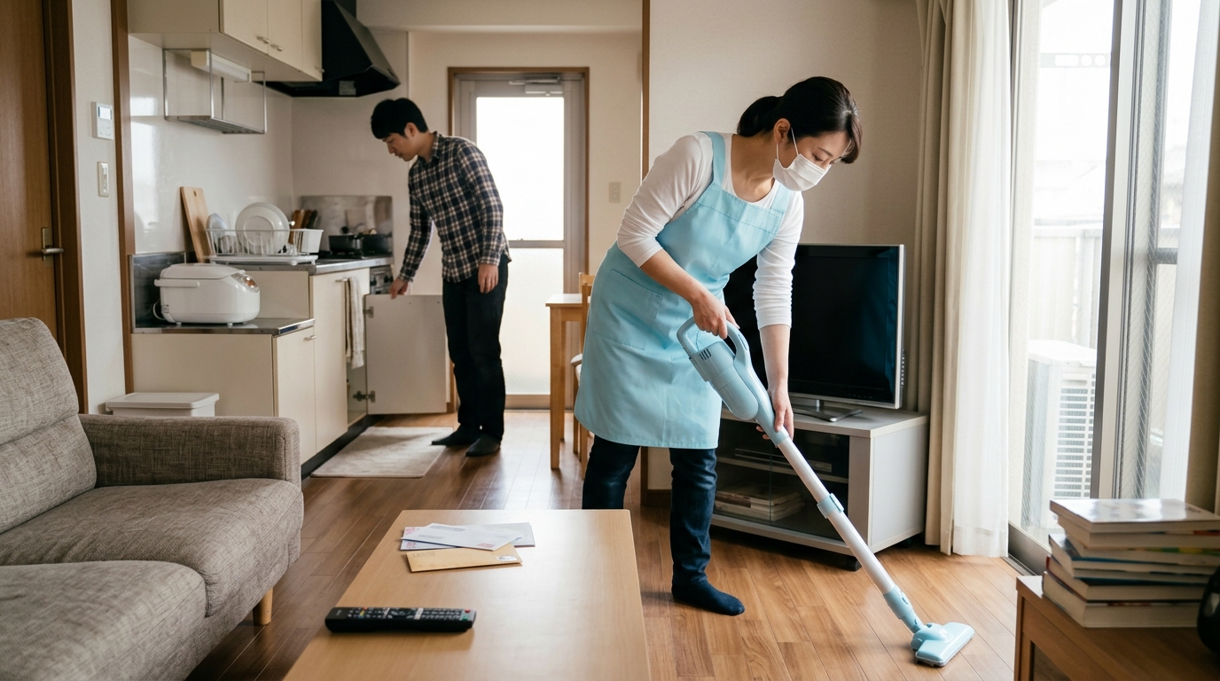 男性一人暮らしの部屋で家事代行スタッフが掃除をしている様子