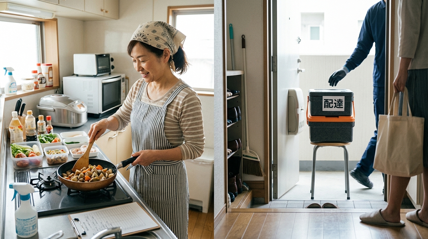 キッチンでスタッフが調理をする様子と、玄関先に宅食のボックスが置かれている比較画像