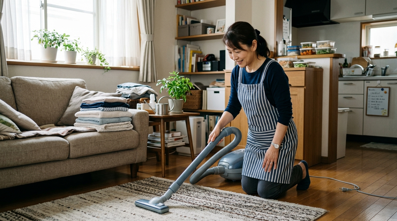 育休中のリビングで家事代行スタッフが掃除をしている様子