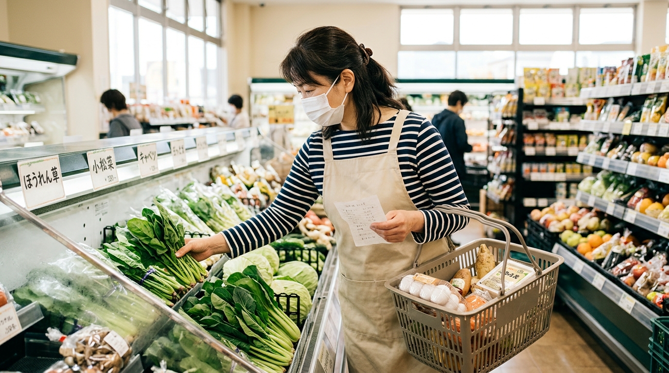 買い物代行のスタッフがスーパーで生鮮食品を選んでいる様子のイラスト
