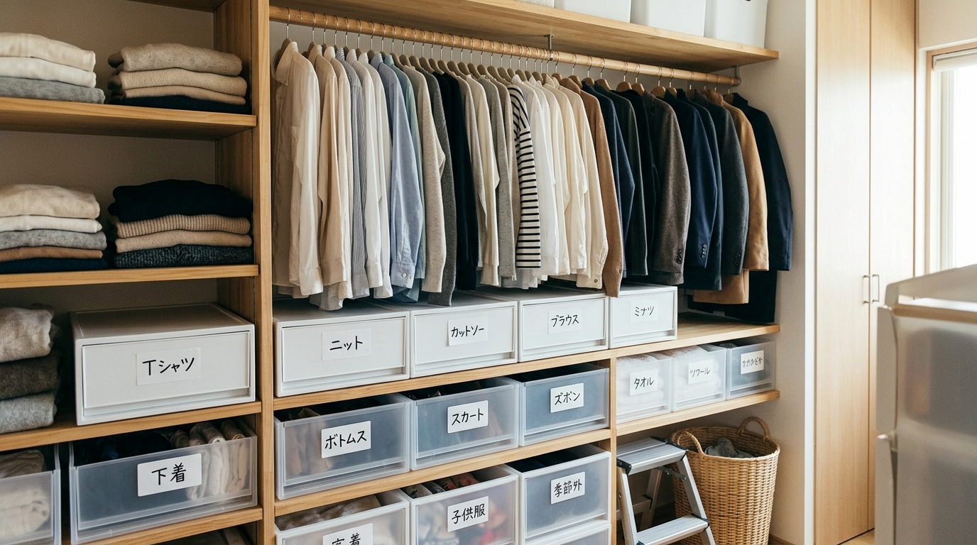 クローゼットの中で服が種類ごとに分類され、ラベルが貼られたケースに収納されているイメージ