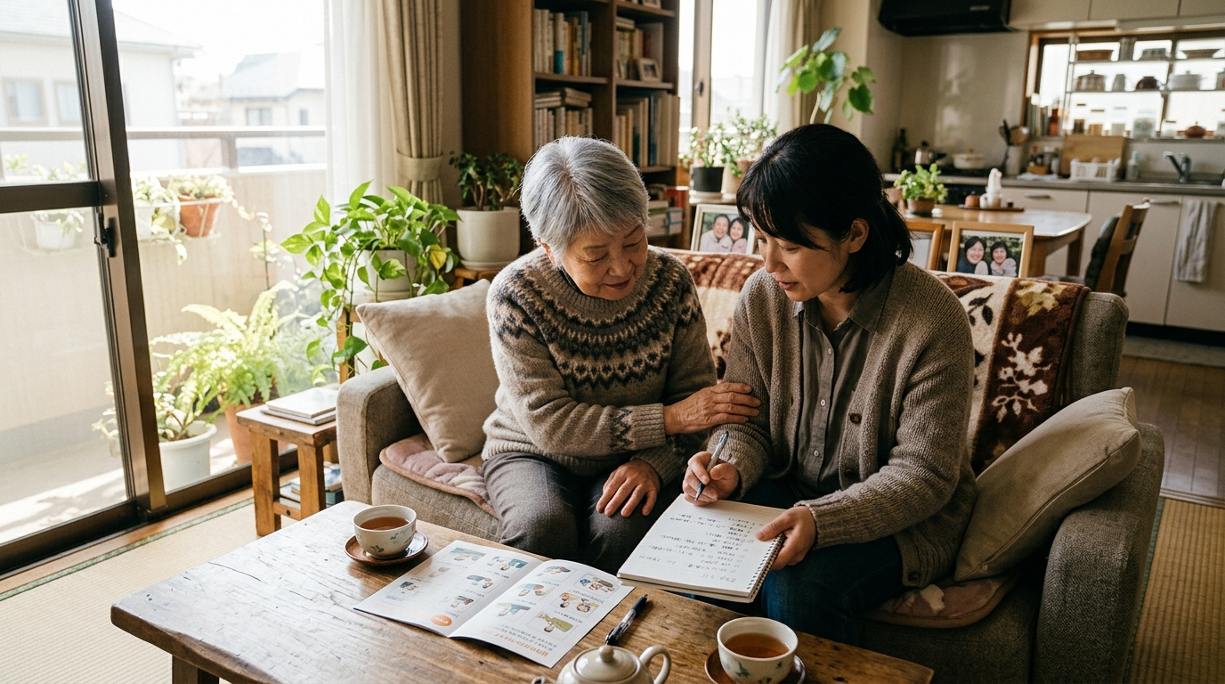 親とリビングでカタログを見ながら家事の困りごとを話し合っている様子