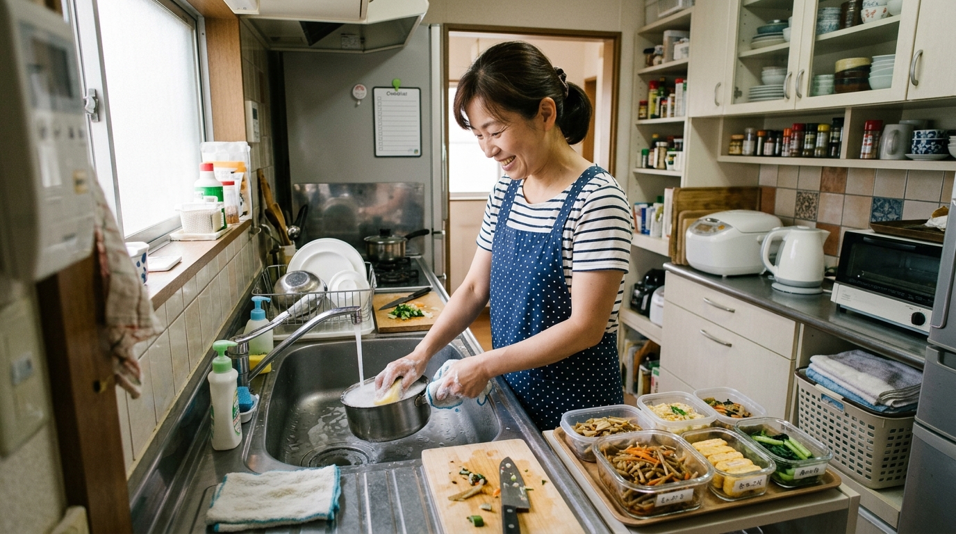 産後の生活で家事代行スタッフがキッチンで食事の下準備や掃除を行っている様子