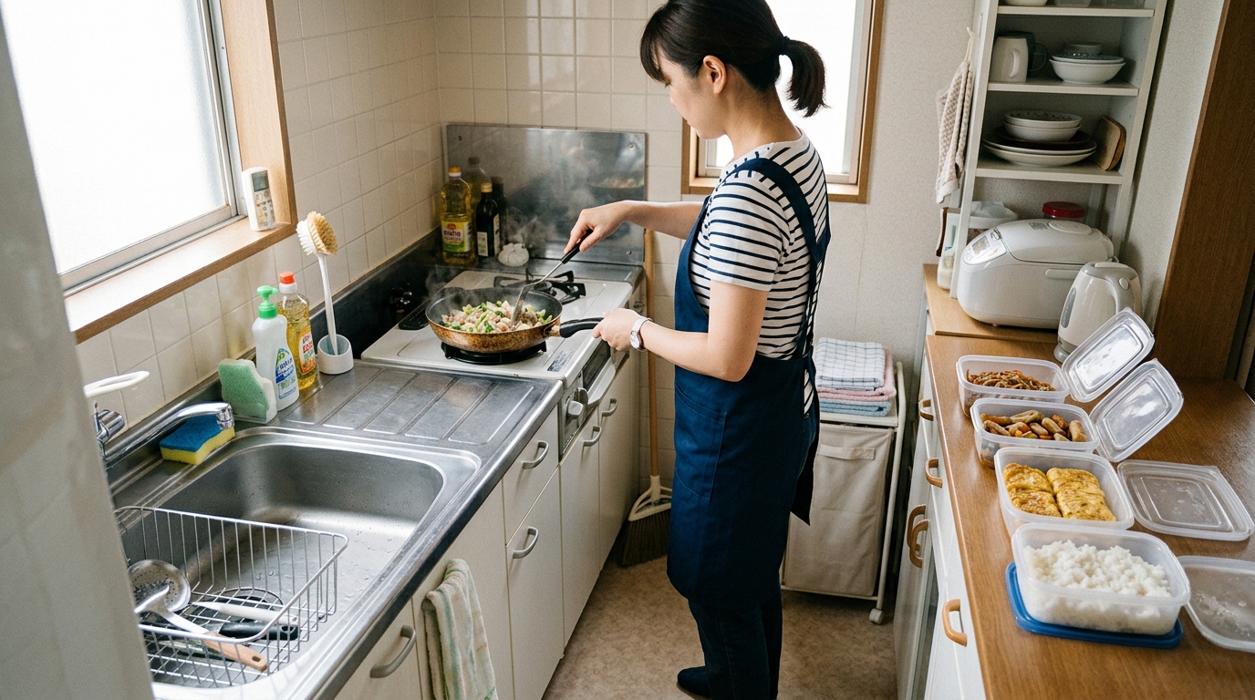 単身赴任先の清潔なキッチンで家事代行スタッフが料理をしている様子