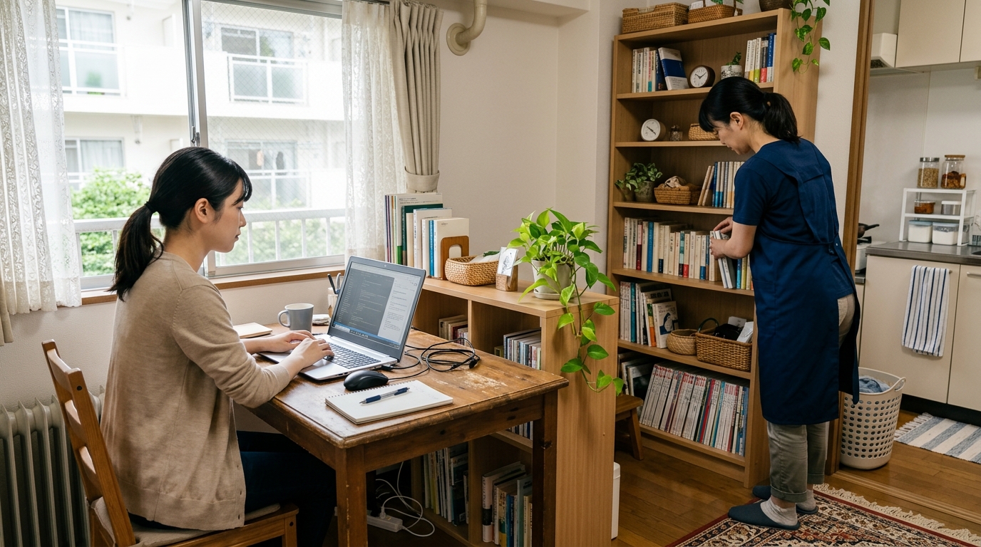 在宅勤務のデスクの横で家事スタッフが静かに片付けを行っている様子